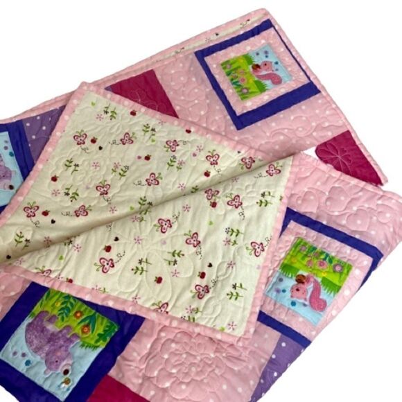 Handmade NWT pink, purple Forrest animal baby or lap quilt size 49” X 40” - Picture 5 of 16